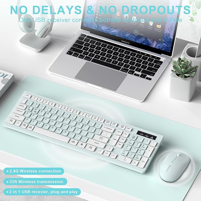 Wireless Keyboard and Mouse Combo, Full-Sized Wireless Keyboard and Adjustable DPI Mouse, 2.4GHz USB Receiver, Keyboard and Mouse for PC, Windows, Desktop, Laptop (Mint Green and White)