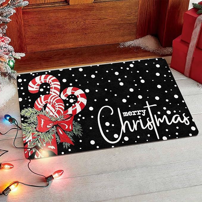Christmas Door Mat Entrance Decoration Christmas Candy Cane Welcome Mat Black Door Front Porch Rug for Outside Front Porch Entryway Decor, 16" x 24" Inch