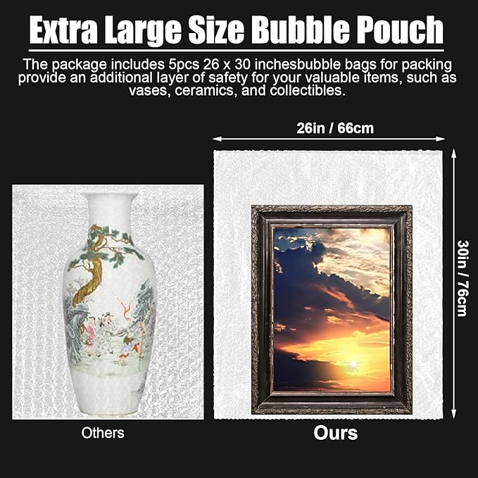 5 Pack 26 * 30 Inch Extra Large Bubble Pouches Clear Bubble Pouch Wrap Bags for Packing Shockproof Cushioning Wrap Bag for Shipping Moving Fragile Dishes China Plates Painting Fragile Items