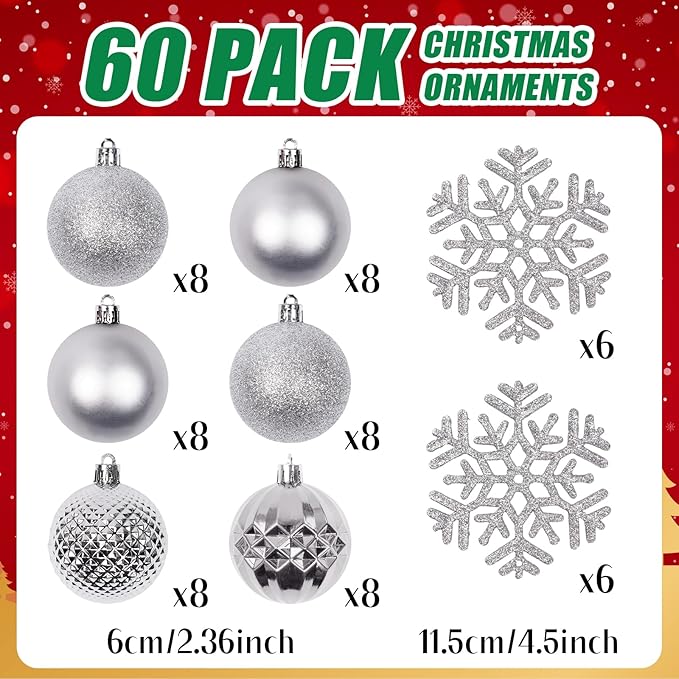 Christmas Tree Decorations Ornament Set, 60ct 2.36 Inches Silver Shatterproof Christmas Ball Ornaments, Hanging Ball for Xmas Holiday Wedding Party Decor