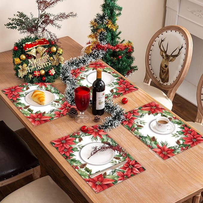 50 Pack Christmas Velvet Poinsettia Paper Placemats,16x 11 Inch Red Poinsettia Flower Disposable Placemats Poinsettia Golden Table Mats for Kitchen Dining Winter Holiday Christmas Party