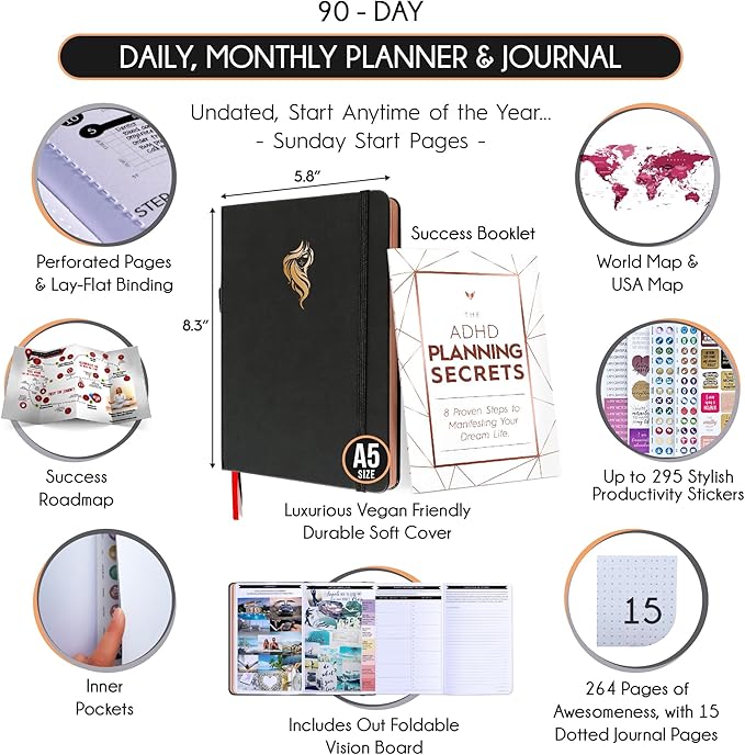 ADHD Planner for Adults - 5 Minute Gratitude & Manifestation Journal | 90-Day Undated Daily Planner for Positivity, Affirmations & Self Care | Guided Mindfulness, Reflection | Vision Board + Stickers