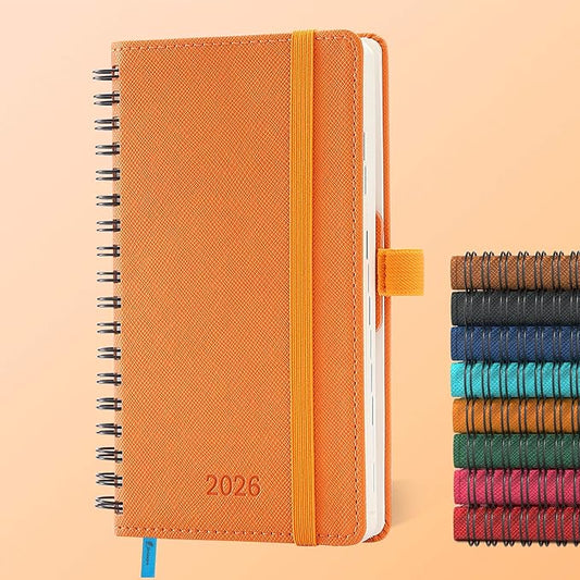 Planner 2026 Daily Weekly and Monthly,6.5"x3.75",12 Months Spiral Bound Calendar Agenda with Self-adhesive Pen Holder,2026 Appointment Book with Vegan Leather Soft Cover,Orange