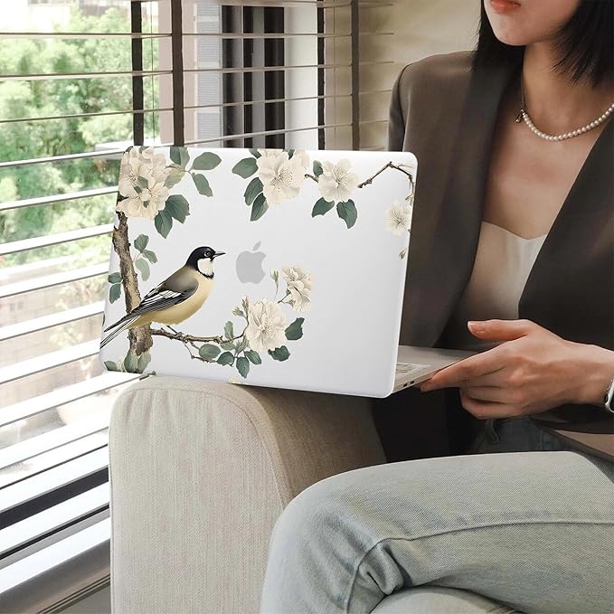 KEROM Bird Flower Case for MacBook Air 13 inch 2025 M4, 2024-2022 M3 M2 A3240 A3113 A2681, Cute Sleek Elegant Aesthetic Plastic Hard Shell & Keyboard Cover for MacBook Air 13.6 inch Case