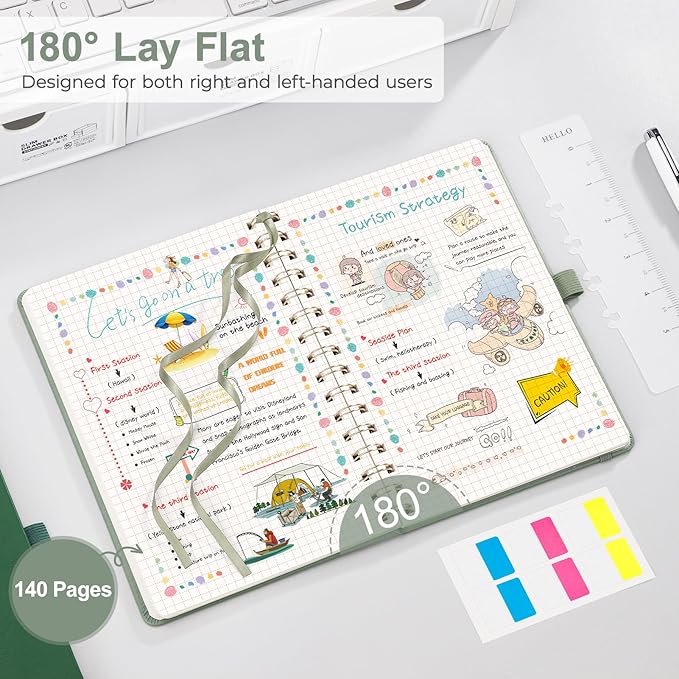 EMSHOI B5 Graph Grid Notebook - 140 Pages 100GSM Grid Paper, Vegan Leather Floral Cover with Spiral Binding for Engineering, Bullet Journaling, School & Work - Includes Ruler, Pockets -Dark Green