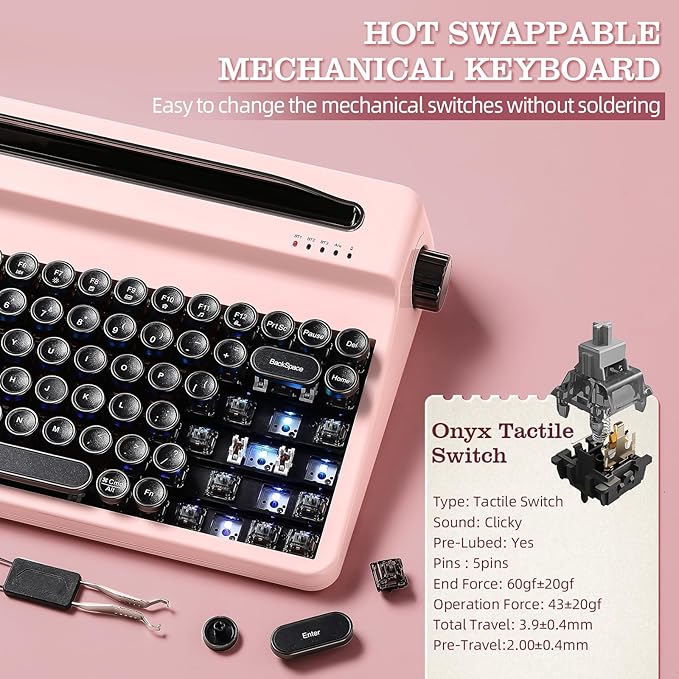 YUNZII QL75 Wireless Typewriter Hot Swap Retro Mechanical Keyboard,Punk Round Keycaps,RGB Backlit QMK/VIA Programmable,Multi-Device Keyboard with 2.4GHz/Type-C/BT5.0 (Pink, Onyx Switch)