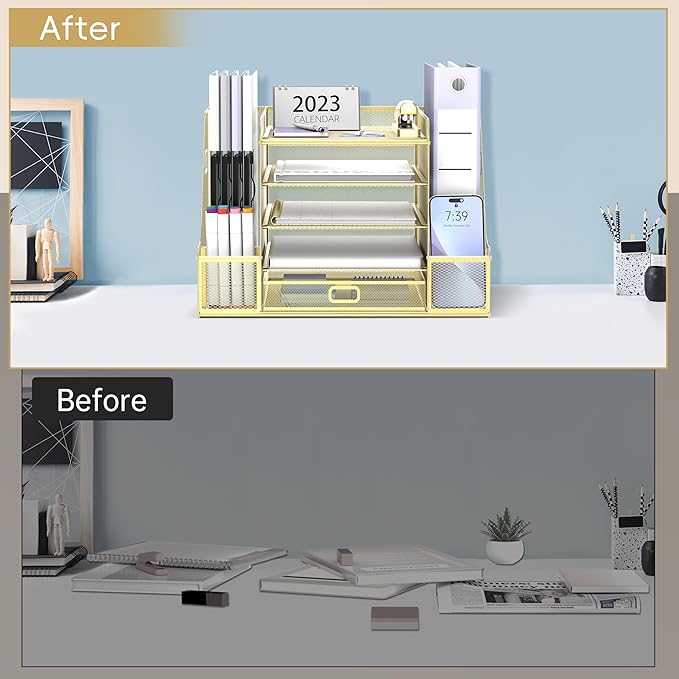 SUPEASY Mesh Desk Organizer with File Holder, 5-Tier Paper Letter Tray Organizer with Magazine Holder, Desktop Organizer and Storage with Drawer for Office Supplies Home or School, Gold