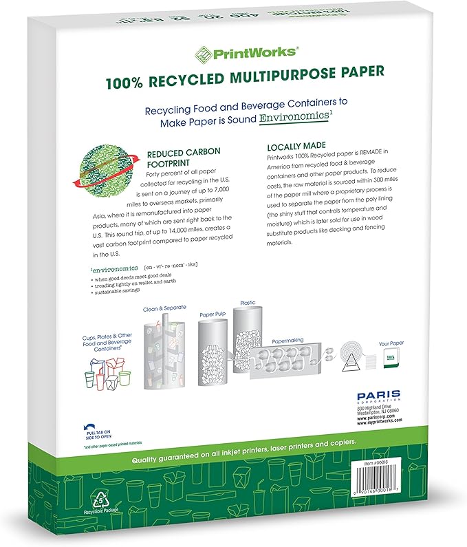 PrintWorks 100% Recycled Printer Paper 8.5" x 11" White - 20 lb Copy & Multipurpose Computer Paper - 2400 Sheets/Carton, 80 Cartons/Pallet, 192,000 Sheets - Made in the USA - 92 Bright (00018PAL)