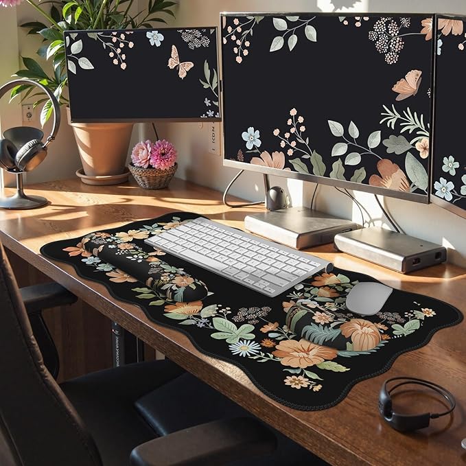 Scalloped Desk Cover Mat, Aesthetic Mousepad with Wrist Rest, Memory Foam Wrist Support for Keyboard, Ultra Smooth Mouse Pad for Office Desk Decor, School Supplies (Black)