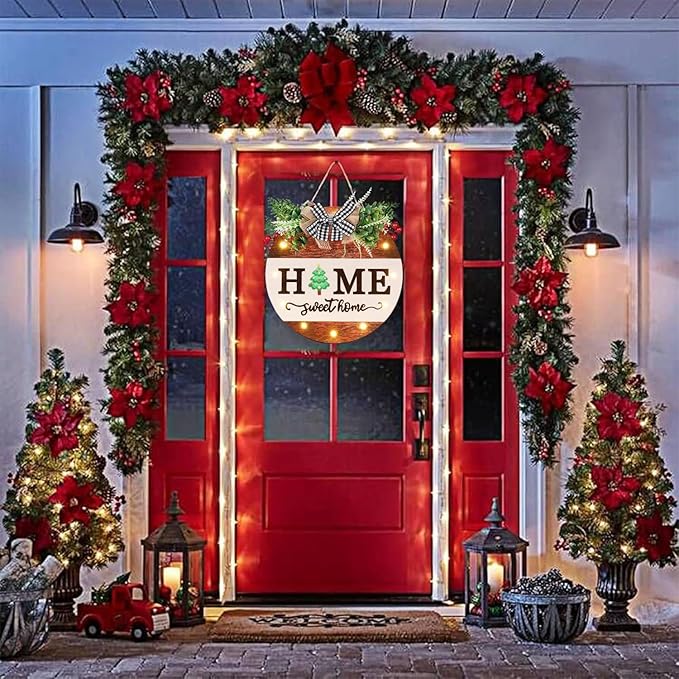 HOMCDALY Interchangeable Welcome Sign for Front Door with 14 Changeable Icons, Door Wreaths for Front Door with 12 LED Lights, Farmhouse Rustic Welcome Door Hanger Wall Sign, Porch Decorations(White)