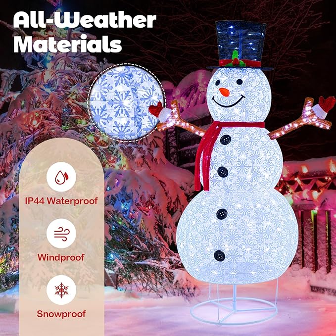 Tangkula 6 FT Pre-Lit Christmas Snowman w/Built-in Lights, Xmas Snowman w/Black Hat, Branch Hands & Snowflake Patterns, Zip Ties & Ground Stakes, Decorative Christmas Snowman for Yard, Garden