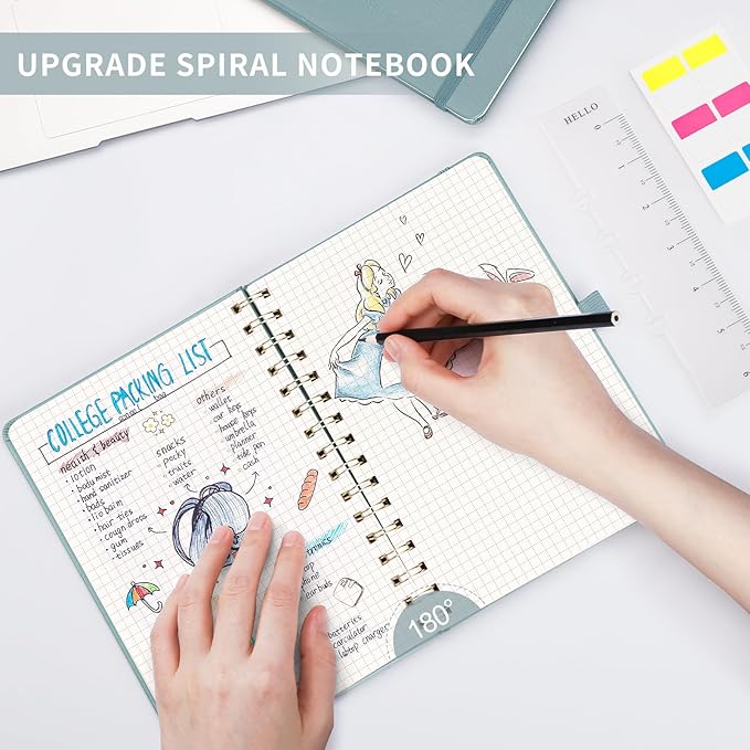 AHGXG Graph Paper Notebook - Spiral Notebook Hardcover Leather Journal 140 Pages, A5 Grid Paper Notebook 5.7" x 8.3", 100 gsm Thick Paper, for School Writing Graphing Engineering, GrayBlue