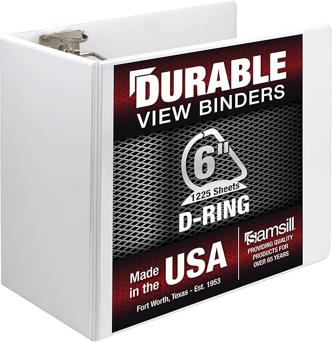 Samsill Durable 6 Inch Binder, Made in The USA, Locking D Ring Binder, Customizable Clear View Cover, Pearl White, Holds 1225 Pages
