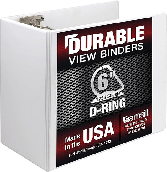 Samsill Durable 6 Inch Binder, Made in The USA, Locking D Ring Binder, Customizable Clear View Cover, Pearl White, Holds 1225 Pages