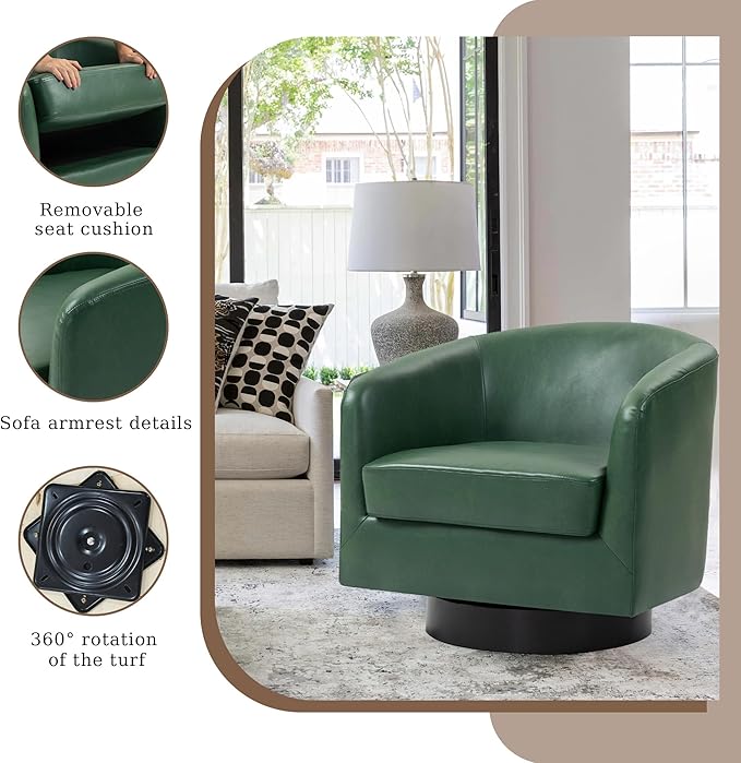 UIXE Faux Leather Swivel Accent Chairs Set of 2, Modern Upholstered Barrel Chairs for Living Room, Comfy Round Armchair Single Sofa Bedroom Reading Seat - 31" W, Green