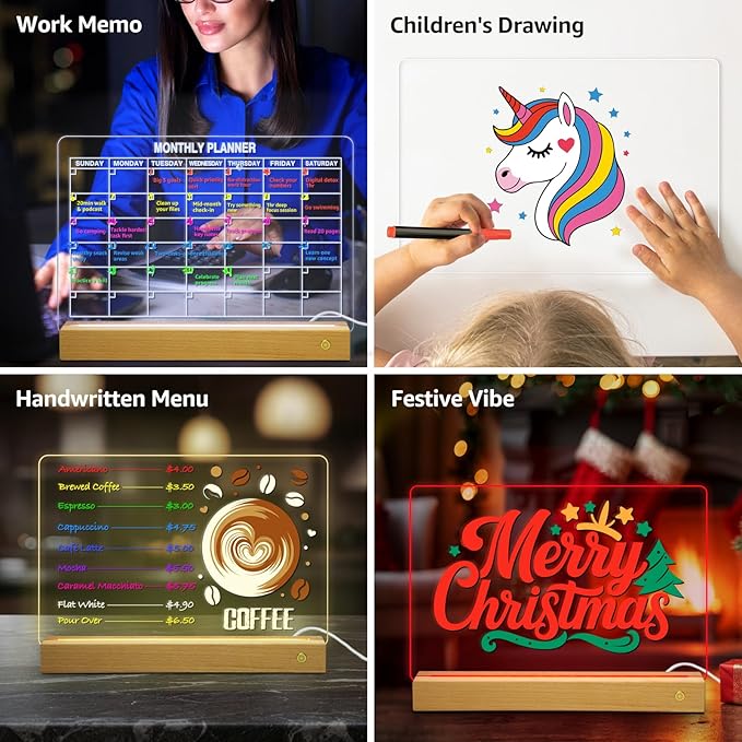 LED Note Board with 8 Colors，Acrylic Dry Erase Board with Light, Clear Monthly/Weekly Calendar, Led Drawing Board for Kids with Stand, 8 Markers, Adapter, Soft Cloth, Holiday Trend Gift (Beech Wood)