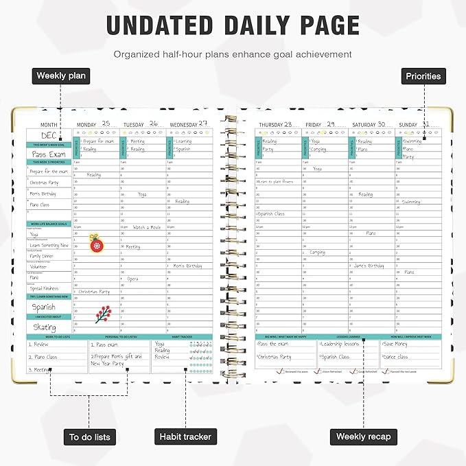 Ospelelf Undated Spiral Planner 12 Months, Daily Weekly and Monthly Academic Planner with Clip 8.5 x 11