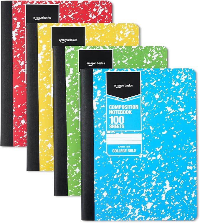Amazon Basics Composition Notebook, College Ruled, 100 Sheets, 9.75" x 7.5", 4 pack, Assorted Marble Colors