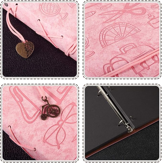 ThxMadam Leather Pink Scrapbook Album with 60 Pages Present Scrapbooking Supplies Kits for Birthday Day Gift for Teacher Student Kids Friend Travelling Scrapbook Family Scrap Book