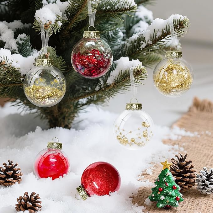 DeckTheHalls Christmas Ball Ornaments Set, 16-Piece Clear Xmas Decor for Crafts, Reusable DIY Festive Tree Decorations, Easy Hang Unbreakable Ornaments for Holiday, Party, Wedding (Red & Gold)