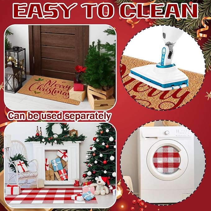 2 Pcs Merry Christmas Door Mat Outdoor Christmas Nature Coir Welcome Outdoor Rug Red White Checked Xmas Front Porch Rugs Non Slip Floor Mats Indoor Entrance Decor