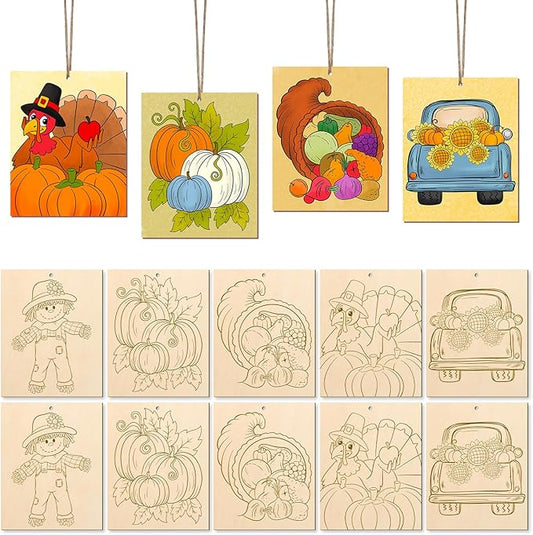 COCHIE 10PCS Large Thanksgiving Unfinished Wood Crafts to Paint for Adults Kids, Bulk Predrilled Wooden Ornaments for Painting, Pumpkin Scarecrow Paintable Wood Slices Craft Supplies with Ropes