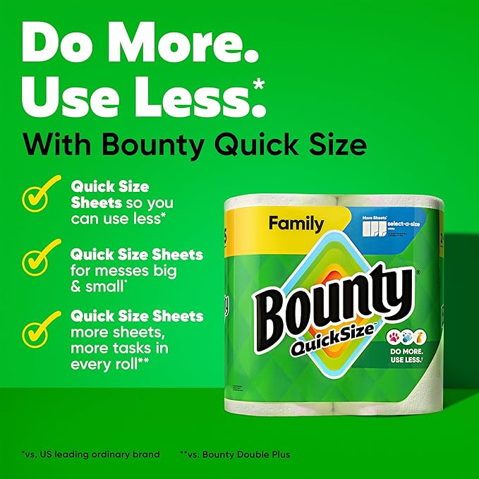 Bounty Paper Towels Quick Size, White, 16 Family Rolls = 40 Regular Rolls