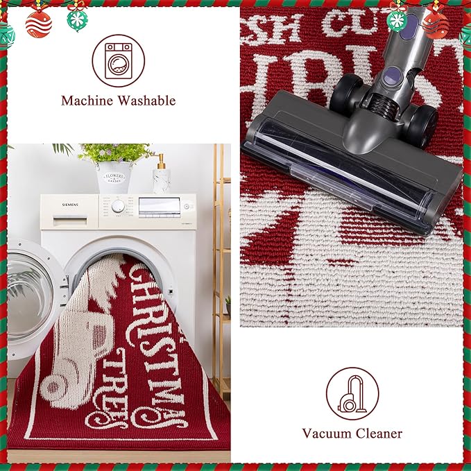 Christmas Doormat with Non Slip, Loop Pile Red and White Indoor Welcome Mat with Absorbent & Dirt-Trapping, Christmas Trees Truck Pattern, Porch Decor Outdoor Front Door Mat 32x48 Inch