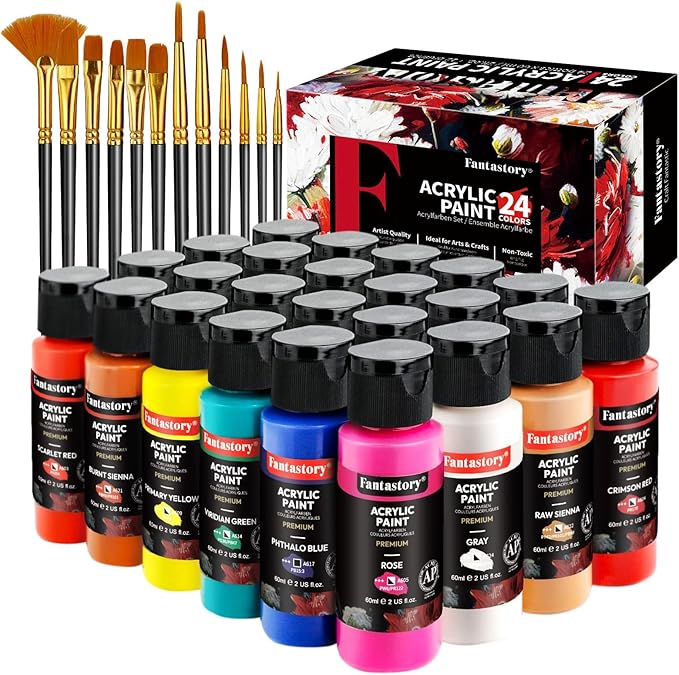 Fantastory Acrylic Paint Set 24 Classic Colors(2oz /60ml) with 12 Brushes, Professional Craft Thick Paints Kits for Adults, Canvas Wood Fabric Ceramic Rock Painting Supplies [Professional Series]