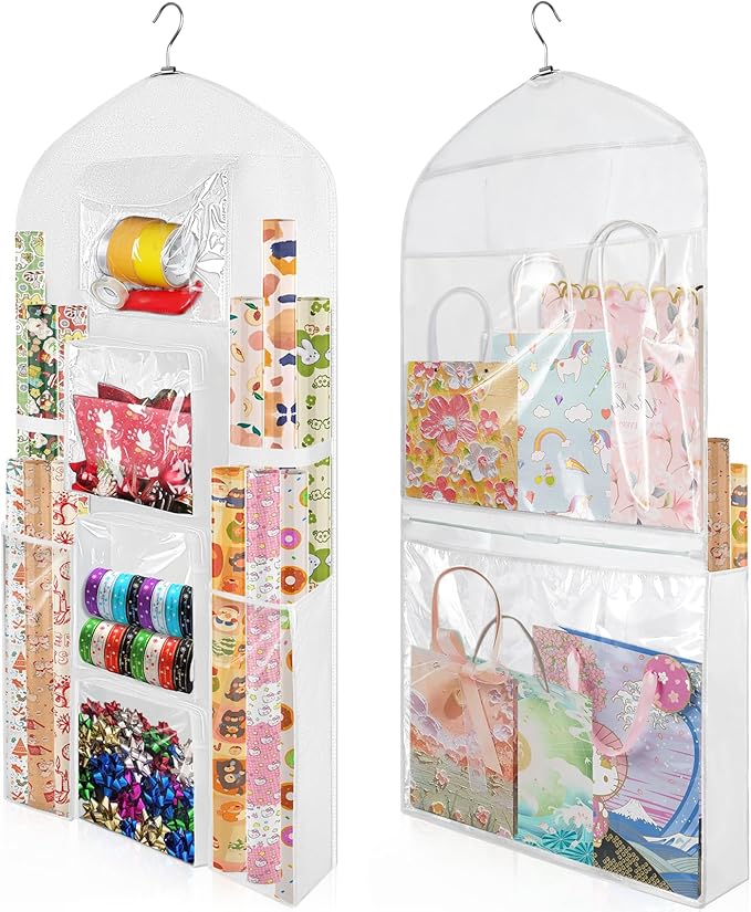Hanging Gift Wrapping Paper Storage, 48x24 (Extra Large) White Double-Sided Christmas Wrapper Bag Container, Oxford Long Craft Roll Organizer, Present Wrap Holder for Closet, Door