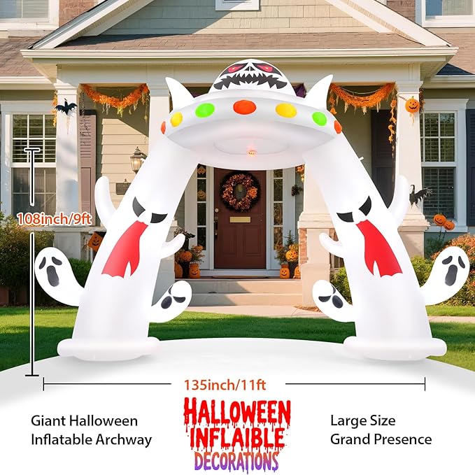 11FT Wide Halloween Inflatable Archway, 2025 Giant Inflatable Arch with Ghosts, Red Flame Light & Flashing Lights & LED Lights Outdoor Halloween Decor for Yard Garden Lawn Holiday Party