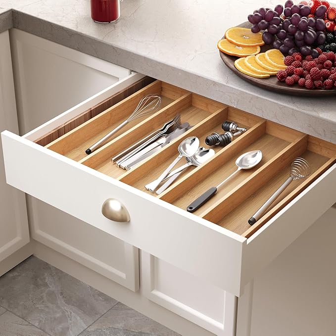 Expandable Kitchen Drawer Organizer,Bamboo Silverware Organizer,Adjustable Flatware Tray for Utensils(16.92 * 13.30~22.83 * 1.96)