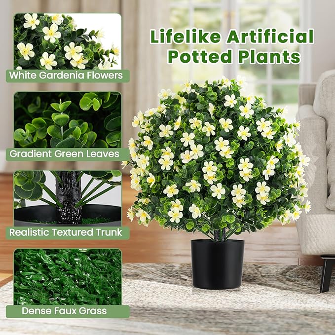 Goplus 21.5'' Artificial Boxwood Topiary Ball Tree, Set of 2 Faux Potted Plants Artificial Shrubs Bushes with White Flowers, Fake Evergreen Artificial Topiary for Indoor Outdoor Home Front Porch Decor
