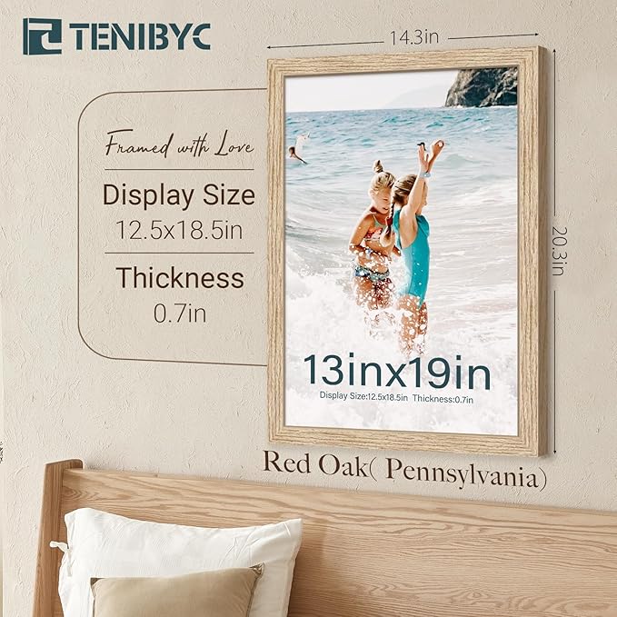 13x19 Oak Wood Frame with HD Glass - 3pk, Natural Solid Wood Picture Poster Frame, Wall Gallery Frame