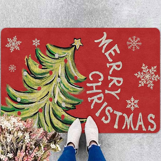 InterestPrint Christmas Doormat Outdoor Entrance Non-Slip Rug Front Porch Rugs, Christmas Tree Snowflakes Welcome Mat Front Door Rug Outdoor Funny Door Mat, 16" x 24" Inch