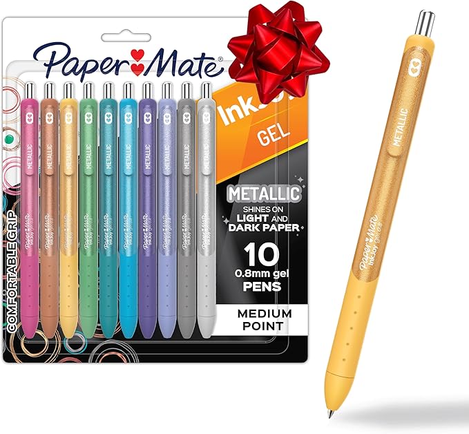 Paper Mate InkJoy Gel Pens, Metallic, Retractable, Medium Point (0.8mm), Glittery Assorted Colors, 10 Count - Perfect for Writing, Doodling, Bullet Journaling, Glitter, Sparkle, Writing Fun