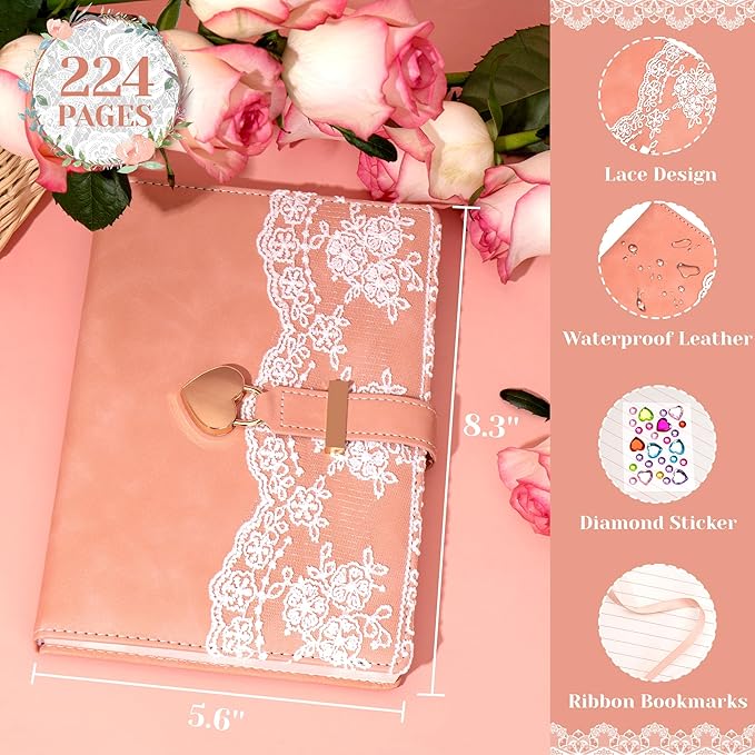 Lace Diary with Lock and Key for Women Girls 224 Pages Leather Password Journal with Lock A5 Locked Journals for Writing Note Taking, 5.6x 8.3, Pink