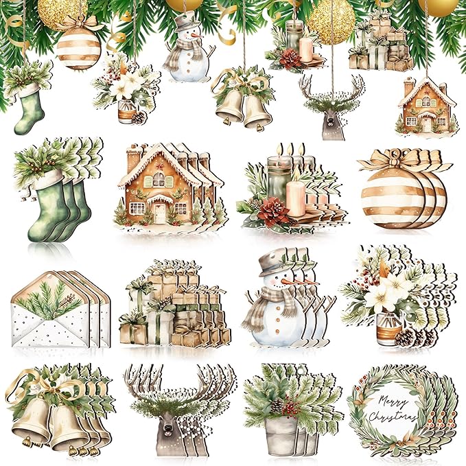 Huwena 36 Pcs Woodland Christmas Ornaments Farmhouse Winter Wooden Ornaments Snowman Reindeer Wreath Bells Flowers Wood Cutouts Tags with Ropes Country Neutral Christmas Decor for Xmas Tree Gifts