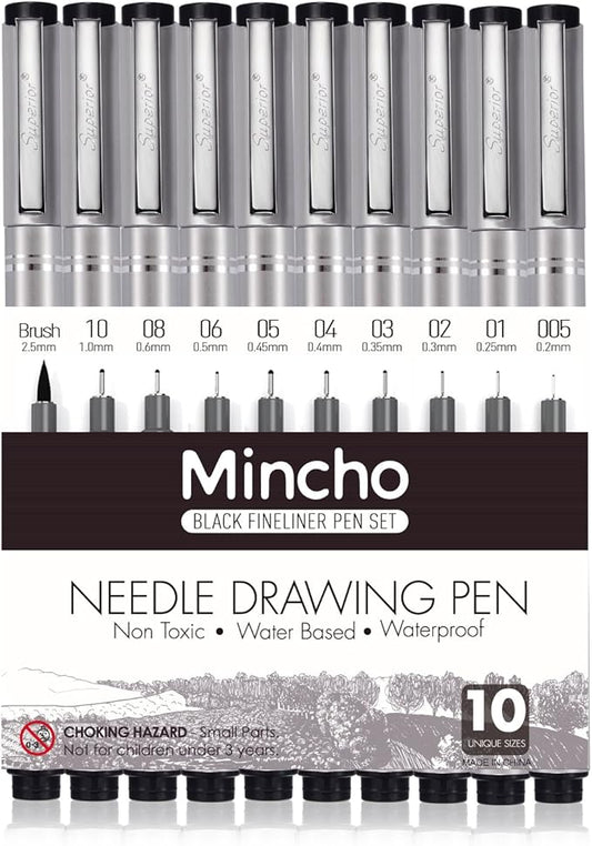 Set of 10 Black Micro-Pen Fineliner Ink Pens, Anti-Bleed & Waterproof Archival ink,Brush & Calligraphy Tip Nibs - Artist Illustration, Office Documents, Scrapbooking, Technical Drawing
