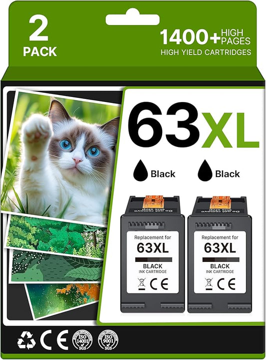 63XL Black Ink Cartridge High-Yield for HP Ink 63 Replacement for HP 63 Black Ink Cartridge Works for HP OfficeJet 3830 4650 5255 5258 5200 Envy 4520 4512 4510 DeskJet 1112 2130 3630 F6U64AN (2 Pack)