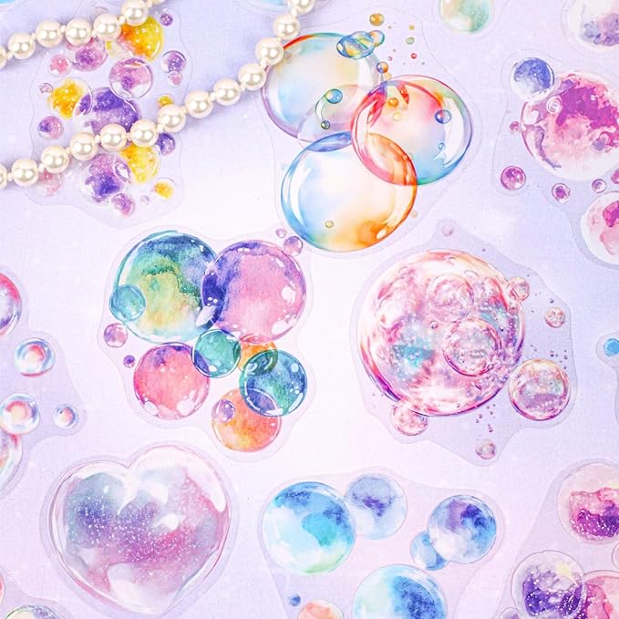 90 Pieces Exquisite Dreamy Bubble PET Sticker Set, Aesthetic Decorative Coloful Bubble Stickers for Scrapbooking, Journaling, Waterproof DIY Crafts, and Junk Journal Supplies
