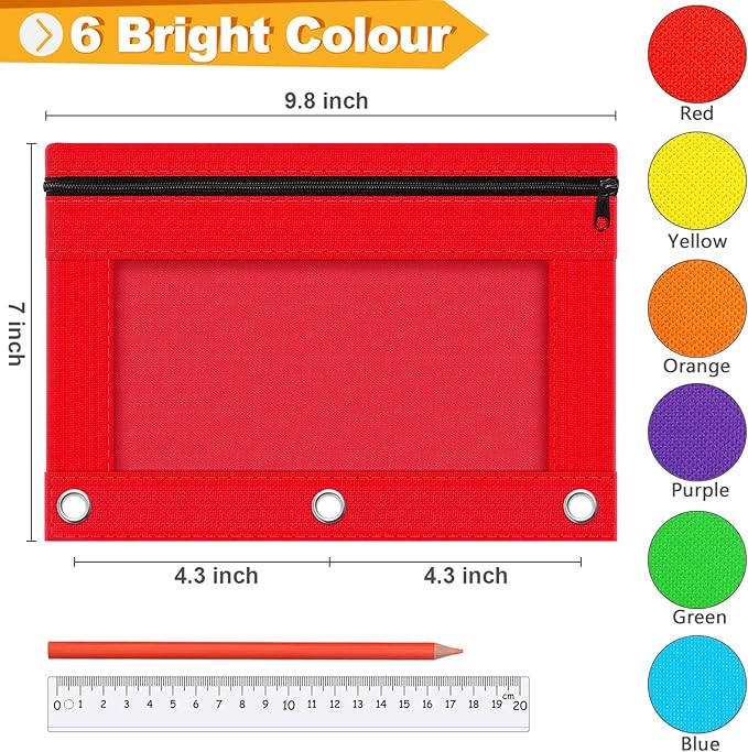 Officygnet 3 Ring Pencil Pouch, 36 Packs Bulk Zipper Pencil Case in 6 Colors, Pencil Pouches with Clear Window for Storing School Office Supplies, Cloth Pencil Bag for 3 Hole Binder