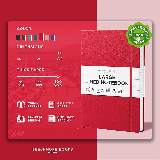 BEECHMORE BOOKS Ruled Journal Notebook, A4 8.5 x 11.5 inch 160 Lined Pages, Hardcover Leather Journals For Women, Men, Writing And Notebooks For Work - 120 GSM Thick Paper, Gifts Box Included