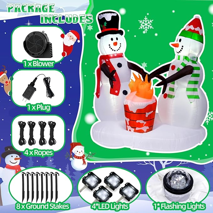 Outdoor Christmas Decoration, 8FT Inflatable Christmas Snowmen with Fire Flame Lights Decorations,Outdoor Christmas Blow Up Yard Decorations with Built-in LED for Outside, Holiday Lawn,Yard, Garden