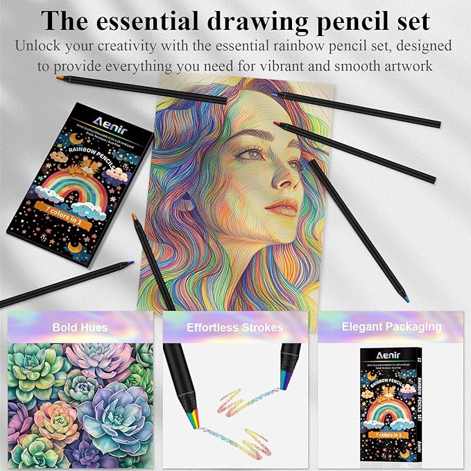 7 Color in 1 Rainbow Pencils for Kids, 12 Pack Rainbow Colored Pencil for Adult Coloring, Multicolor Pencil for Valentine’s Day, Easter Gifts, Art Supplies for Kids & Teens