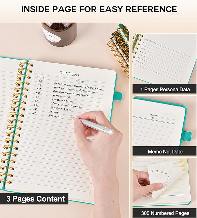 Large Spiral Notebook Journal for Women Men - 300 Numbered Lined Pages, College Ruled, A4 Hardcover Spiral Bound Notebook for School, Work, Note Taking, Writing, Leather Spiral Journal 8.5"x11"