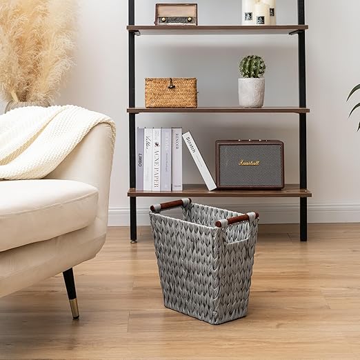 GRANNY SAYS Woven Waste Basket, Gray Wicker Basket with Wood Handles, Wicker Waste Basket for Bathroom Living Room, 2-Pack, 13" x 7 ½" x 12 ½"