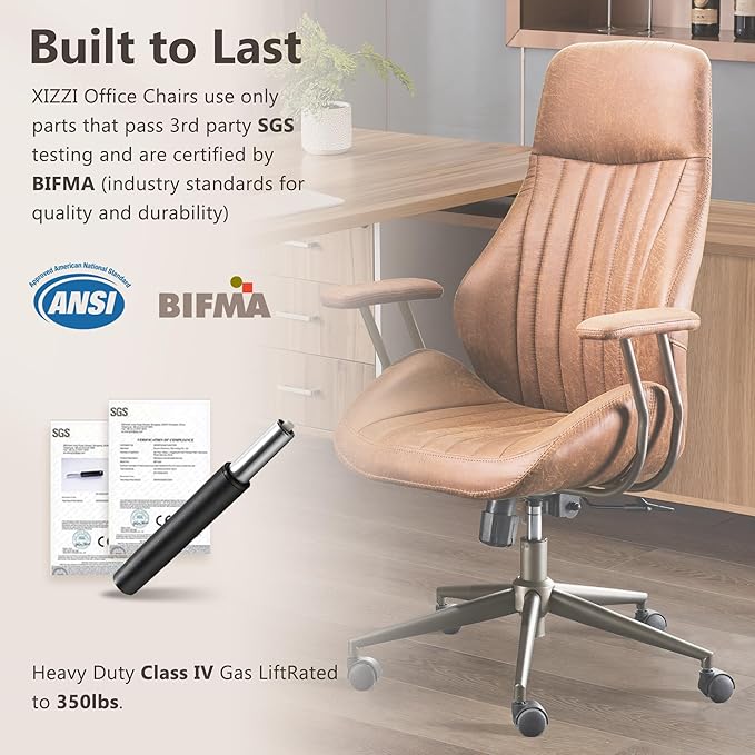 Mid Century Modren Office Chair - High Back Swivel Executive Chair with Lumbar Support,Ergonomic Computer Desk Chair with Wheels,Faux Lether Suede Task Chair,350lbs (Brown, High Back)