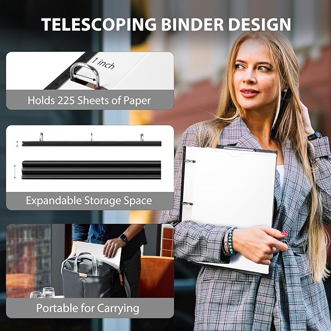 WOT I Telescoping Project Organizer, Refillable 3 Ring Binder with Dividers and Pockets, 13 Pocket Folders, 1 Inch 3 Rings, White