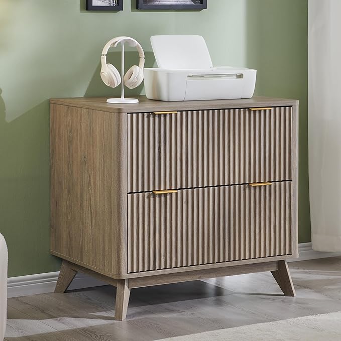 T4TREAM 2 Drawer File Cabinet, 31.8" W Fluted Lateral File Cabinet w/Files Hanging Rod for Letter/Legal/A4, Large Tabletop for Printer, Office Wood Printer Cabinets, Alder Grey (Gen 2)